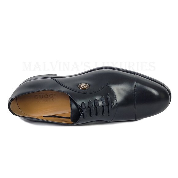 GUCCI SHOES MENS BLACK LEATHER INTERLOCKING G LOGO DERBY OXFORD sz 9 US 9.5 - Picture 11 of 15